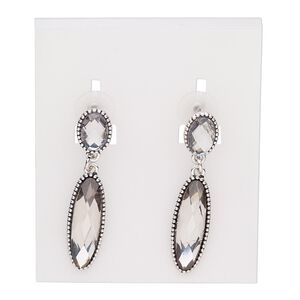 Earring, glass / stainless steel / antique silver-plated "pewter" (zinc-based alloy), smoky grey, 49mm with oval and ellipse with post. Sold per pair.