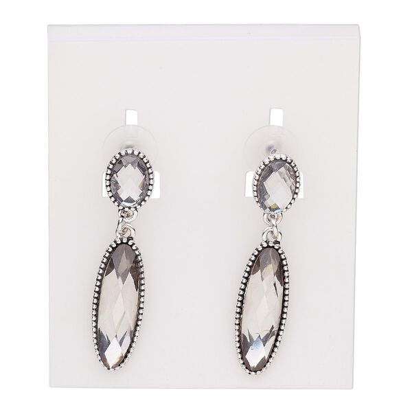 Earring, glass / stainless steel / antique silver-plated "pewter" (zinc-based alloy), smoky grey, 49mm with oval and ellipse with post. Sold per pair. image number 0