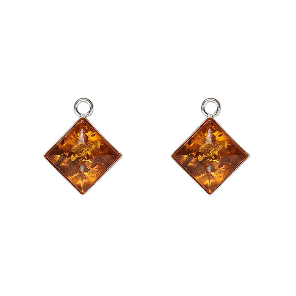Drop, Baltic amber (heated) and sterling silver, 11mm diamond, Mohs hardness 2 to 2-1/2. Sold per pkg of 2. image number 0