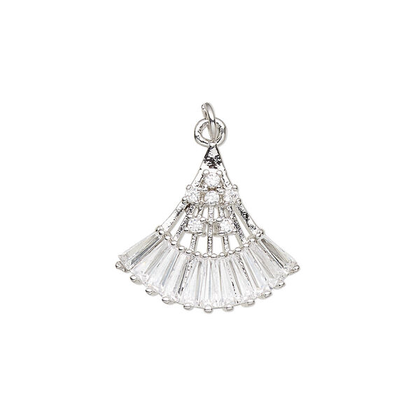 Drop, cubic zirconia and imitation rhodium-plated brass, clear, 19x17mm single-sided fan. Sold individually. image number 0