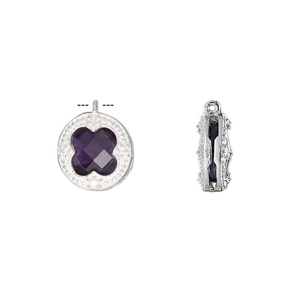 Drop, amethyst (natural) / cubic zirconia / sterling silver, clear, 12mm two-sided faceted round. Sold individually. image number 0