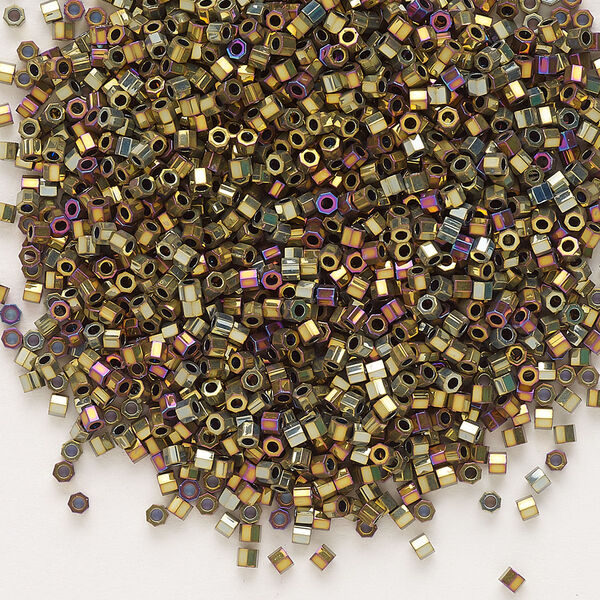 Seed bead, Delica®, glass, pkg/7.5g, #11 cut, opaque nickel-plated golden olive iris (DBC-0029). image number 0