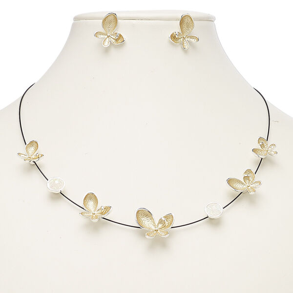 Necklace and earring set, enamel / resin / stainless steel / imitation rhodium-plated steel / "pewter" (zinc-based alloy), matte and opalescent black / gold / white, butterfly, 18-inch necklace with 2-inch extender chain and lobster claw clasp, 19x18mm butterfly with post. Sold per set. image number 0