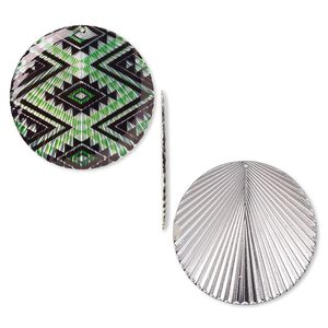 Focal, resin and silver-plated steel, black and green, 40mm single-sided round with diamond pattern and textured back. Sold individually.