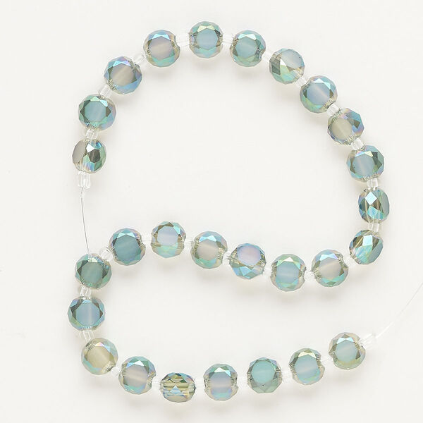 Bead, glass, iridescent blue and green, 6mm faceted puffed flat round. Sold per 7-1/2 inch strand, approximately 25 beads. image number 0