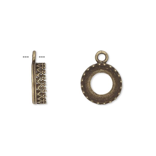 Drop, JBB Findings, antiqued brass, 11.5mm round with open back and filigree edge, 10mm round setting. Sold per pkg of 2. image number 0