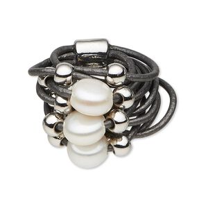 Ring, 11-strand, leather (dyed) / silver-coated plastic / cultured freshwater pearl (bleached) / silver-finished "pewter" (zinc-based alloy), grey and white, 26mm wide, size 8. Sold individually.
