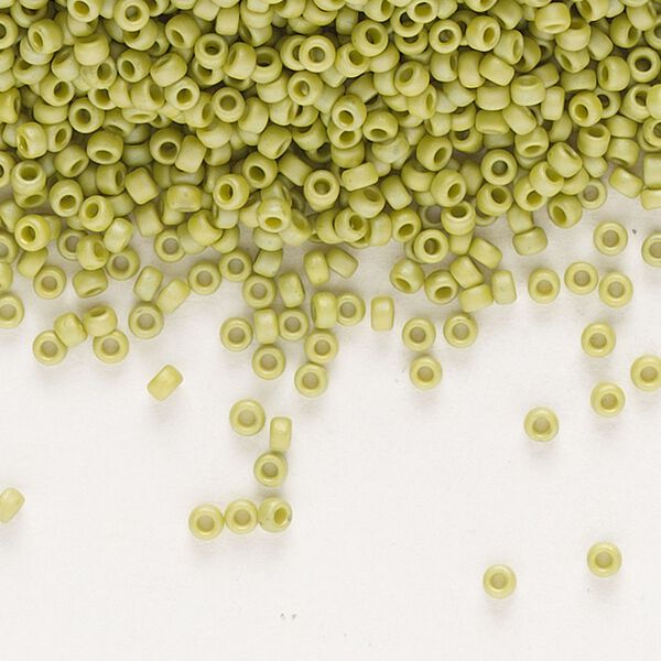 Seed bead, Miyuki, glass, pkg/35g, #15 rocaille, opaque matte rainbow seaweed green, (RR-4697). image number 0