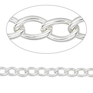 Chain 1pkg1 curb, 4mm, silver-finished brass 5 foot unfinished