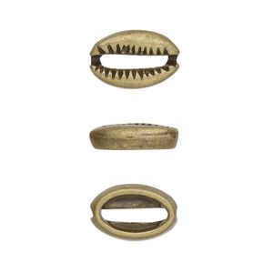 Component, antique brass-finished pewter (tin-based alloy), 12x8mm two-sided cowrie. Sold per pkg of 20.