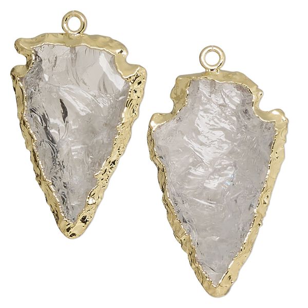 Quartz crystal / sterling silver 1pkg2, electroplated gold-finish hand-cut hand-knapped arrowhead charm natural 30x15mm image number 0