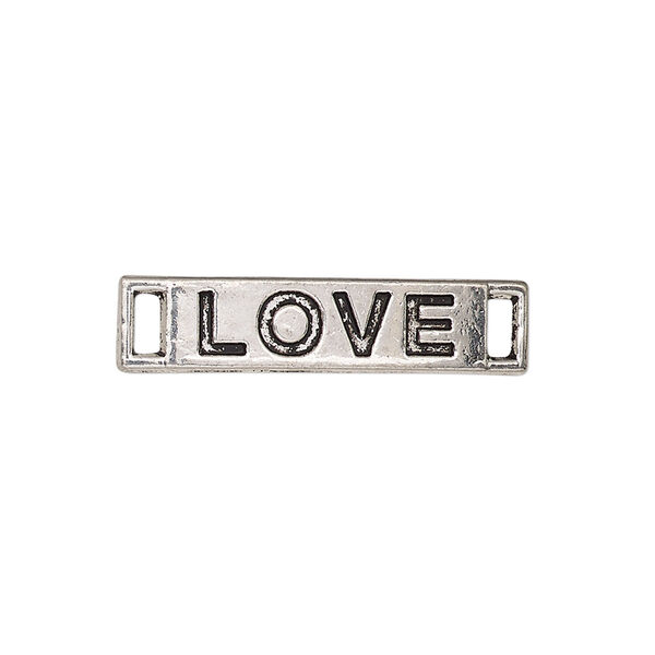 Link, antique silver-finished "pewter" (zinc-based alloy), 28x6mm single-sided curved flat rectangle with "LOVE." Sold per pkg of 2. image number 0