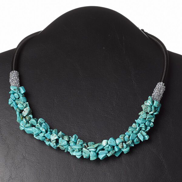 Necklace, magnesite (dyed / stabilized) / nylon cord / glass / plastic, black / grey / blue, 16-1/2 inches with 3-inch loop extender and button clasp. Sold individually. image number 0