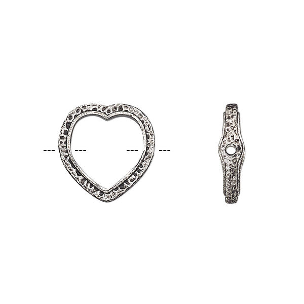 Bead frame, antique silver-finished "pewter" (zinc-based alloy), 14mm open heart with hammered edge, fits up to 10mm bead. Sold per pkg of 2. image number 0