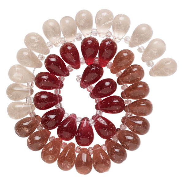 Bead, glass, transparent pale pink, light pink and dark pink, 16x10mm top-drilled teardrop with irregular rondelles. Sold per 14-inch strand. image number 0