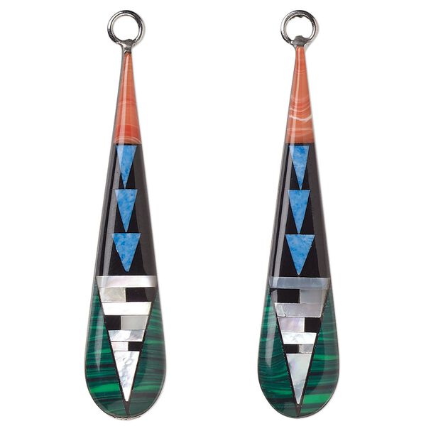 Focal, mother-of-pearl shell / resin / stainless steel, multicolored, 38x9mm-39x9mm single-sided flat teardrop. Sold per pkg of 2. image number 0