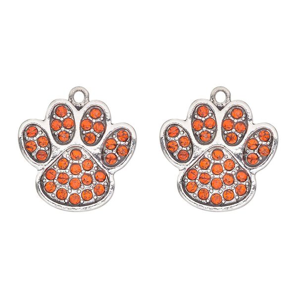 Charm, antique silver-finished "pewter" (zinc-based alloy) and glass, orange, 24x23mm single-sided paw print. Sold per pkg of 2. image number 0