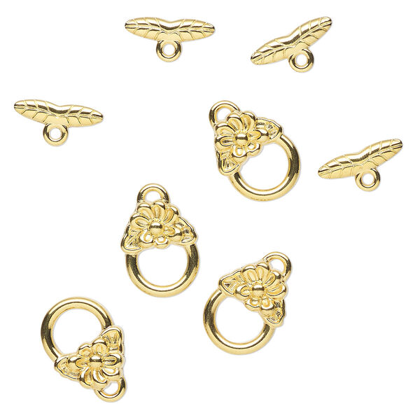 Clasp, toggle, gold-finished "pewter" (zinc-based alloy), 16x11mm round with flower. Sold per pkg of 4. image number 0
