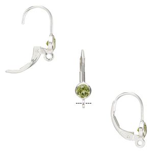 Ear wire leverback 1pkg2 sterling silver / peridot (natural), 17mm / 4mm faceted round / open loop, 1 pair