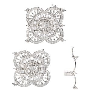Clasp tab 1pkg1 rhodium-plated, 30.5mm flower / safety latch / 3mm jump ring, brass / clear cubic zirconia 3-strand