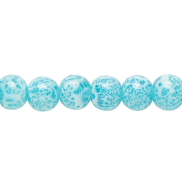 Bead, glass, opaque light blue and white, 7-8mm round with random spotted pattern. Sold per 15-1/2" to 16" strand. image number 0