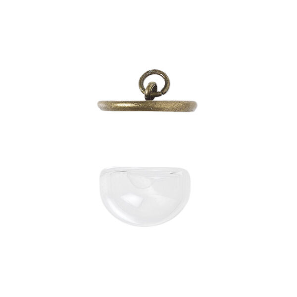 Drop, Keepsafe Keeper™, glass and antique brass-plated "pewter" (zinc-based alloy), clear, 16x10mm with 14x9mm dome and 16x2mm cap. Sold per 2-piece set. image number 0