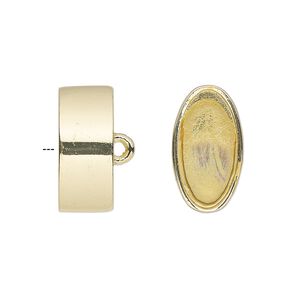 Cord end, glue-in, gold-finished "pewter" (zinc-based alloy), 18.5x10.5mm oval, 16.5x8.5mm inside diameter. Sold per pkg of 2.