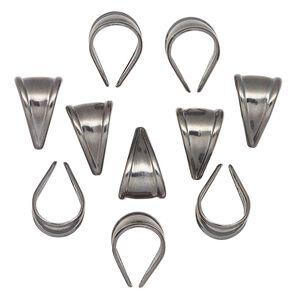 Bail, gunmetal-finished "pewter" (zinc-based alloy), 12.5x8mm triangle with 12mm grip length. Sold per pkg of 10.