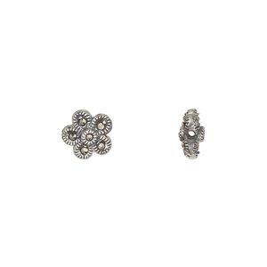 Bead, sterling silver and marcasite, 8.5mm two-sided flower. Sold individually.