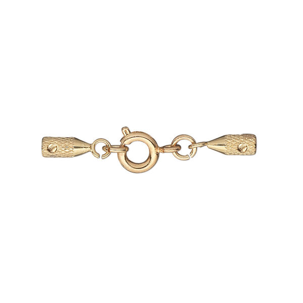 Clasp, springring, Screw-Tite Crimps™, gold-plated brass, 30x6mm with textured barrel crimp ends, for wire up to 0.024 inches. Sold per pkg of 2. image number 0