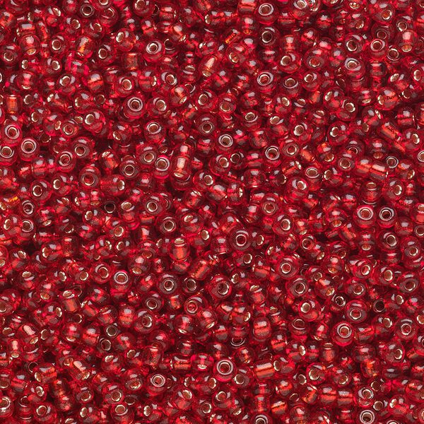Seed bead, Ming Tree™, glass, pkg/1 pound, #11 round, transparent silver-lined ruby red. image number 0