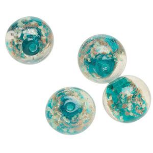 Bead, lampworked glass, clear / teal / glow-in-the-dark / gold, 14mm round. Sold per pkg of 4.
