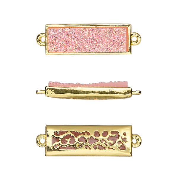 Link, Druzylite™, "druzy" (resin) and gold-finished brass, pink, 21x8mm two-sided rectangle with open filigree back. Sold per pkg of 4. image number 0
