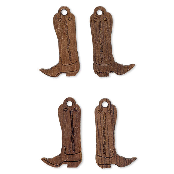Drop, wood (natural), 16x11mm single-sided left- and right-facing cowboy boot. Sold per pkg of 4. image number 0