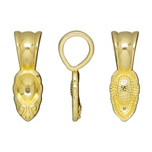 Bail, glue-on, gold-finished "pewter" (zinc-based alloy), 25.5x8.5mm leaf with 15x8.5mm pad. Sold per pkg of 10.