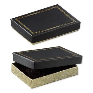 Box, paper and velvet, black and gold, 3-1/2 x 2-1/2 x 5/8 inches. Sold per pkg of 6.