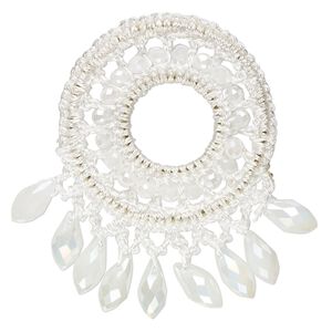 Focal, glass / nylon / steel, white AB, 58x56mm-64x62mm open round with fringe. Sold individually.