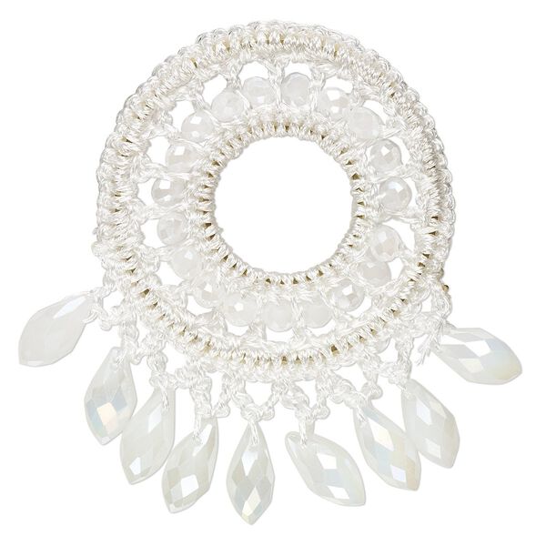 Focal, glass / nylon / steel, white AB, 58x56mm-64x62mm open round with fringe. Sold individually. image number 0