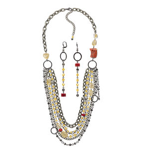 Necklace and earring set, One of a Kind Jewelry, gunmetal-plated brass / crystal / multi-gemstone (dyed / heated). Only one available.