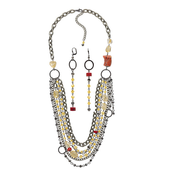 Necklace and earring set, One of a Kind Jewelry, gunmetal-plated brass / crystal / multi-gemstone (dyed / heated). Only one available. image number 0