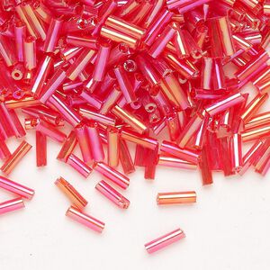 Bead, Ming Tree™, bugle bead, glass, pkg/1/4 pound, 1/4 inch, rainbow translucent hot pink.