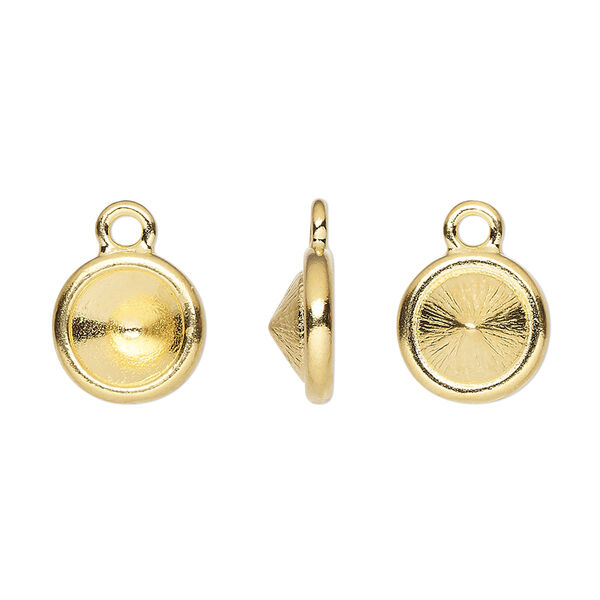 Drop, TierraCast®, Almost Instant Jewelry®, gold-plated pewter (tin-based alloy), 11mm round with SS39 chaton or rivoli glue-in setting (1088). Sold per pkg of 2. image number 0
