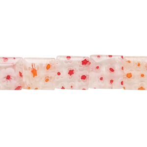 Bead, millefiori glass, translucent clear and multicolored, 9mm-11x10mm puffed square with flower design. Sold per 14-inch strand.