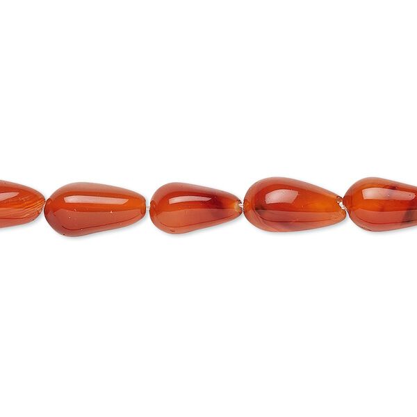 Bead, carnelian (dyed / heated), medium to dark orange-red, 6x5mm-14x6mm hand-cut teardrop, C grade, Mohs hardness 6-1/2 to 7. Sold per 14-inch strand. image number 0