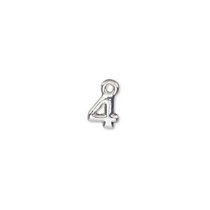 Charm, silver-finished "pewter" (zinc-based alloy), 7.5x6.5mm number 4. Sold per pkg of 2.