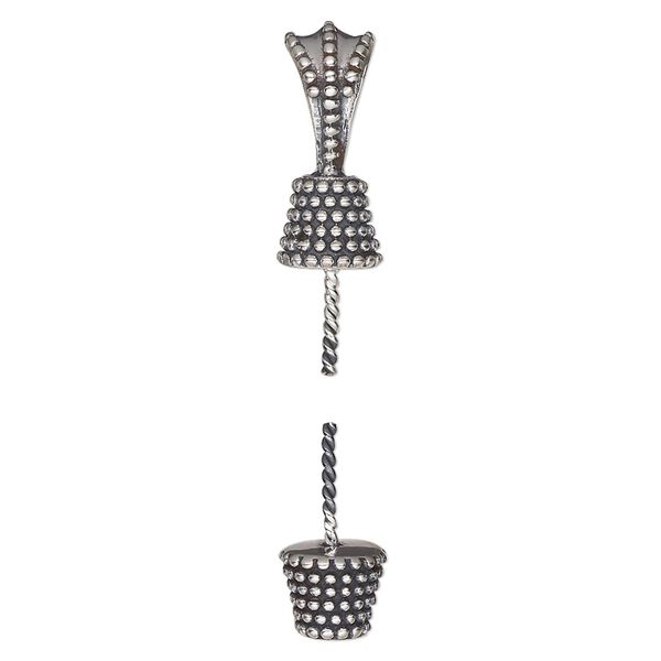 Bail, antiqued sterling silver, 16x7mm beaded cap and 7x6mm beaded bottom with 8mm post, fits bead with 1.5-2mm hole. Sold per 2-piece set. image number 0