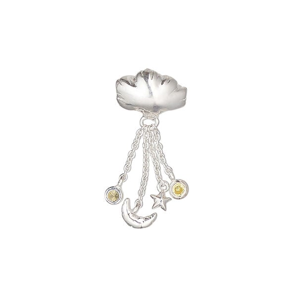 Bead 1pkg1 sterling silver, 25x10.5mm / 10.5x7mm single-sided cloud, yellow cubic zirconia image number 0