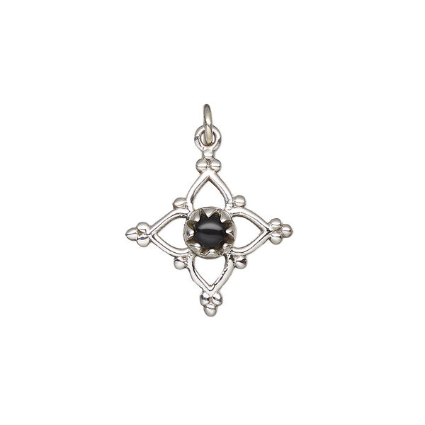 Black onyx / sterling silver 1pkg1, antiqued open beaded diamond drop 17x17mm image number 1