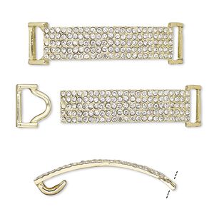 Clasp, hook-and-eye, glass rhinestone and gold-finished "pewter" (zinc-based alloy), clear, 49x13mm single-sided curved rectangle, 10x3.5mm inside diameter. Sold per 2-piece set.