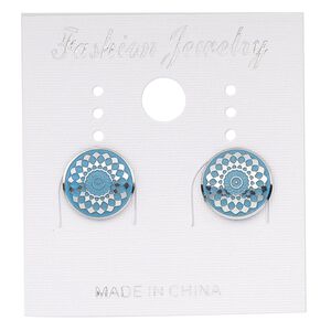 Earstud, stainless steel, blue patina, 10mm round with diamond pattern. Sold per pair.